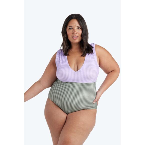 Summersalt The Ruched Backflip Swimsuit - Gingham in Lavender & Ivy, Size 14 - Picture 8 of 10